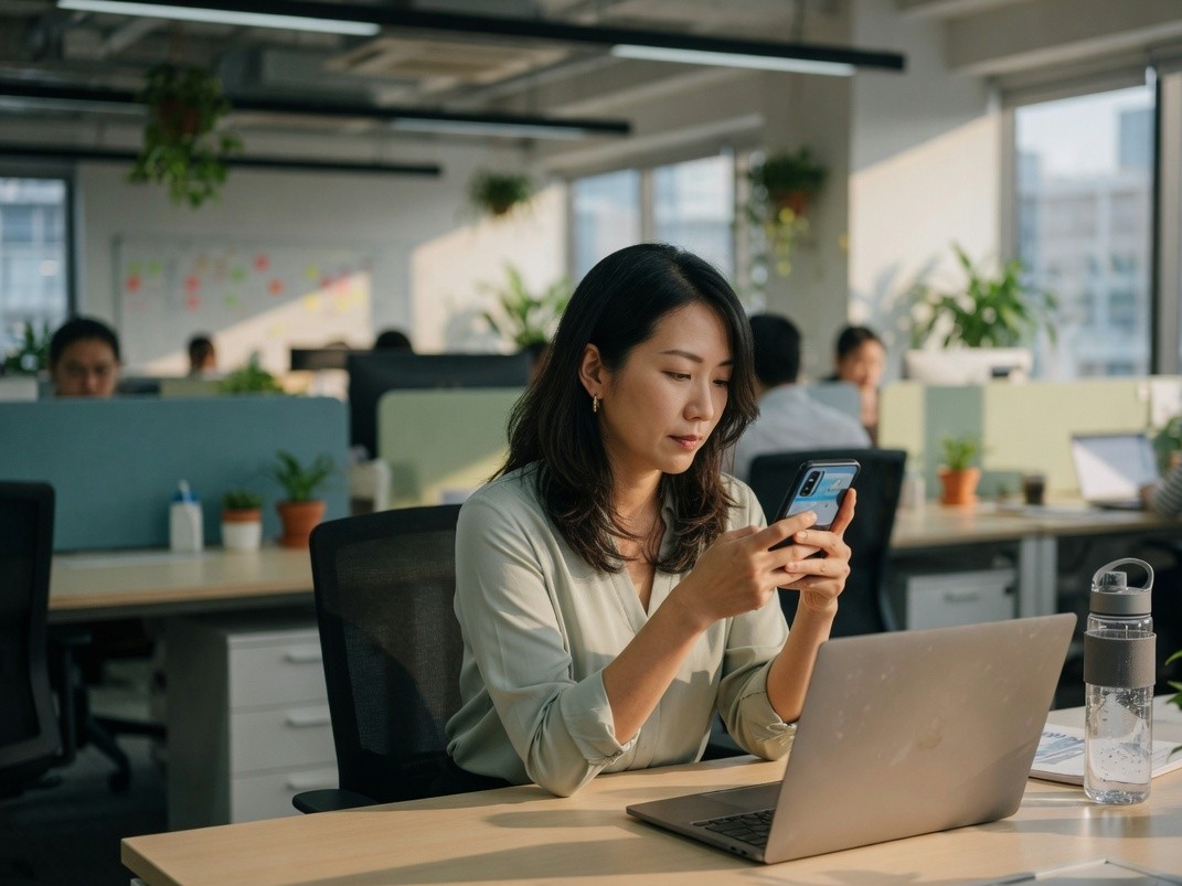 Employee at an office desk checking a phone notification during the workday