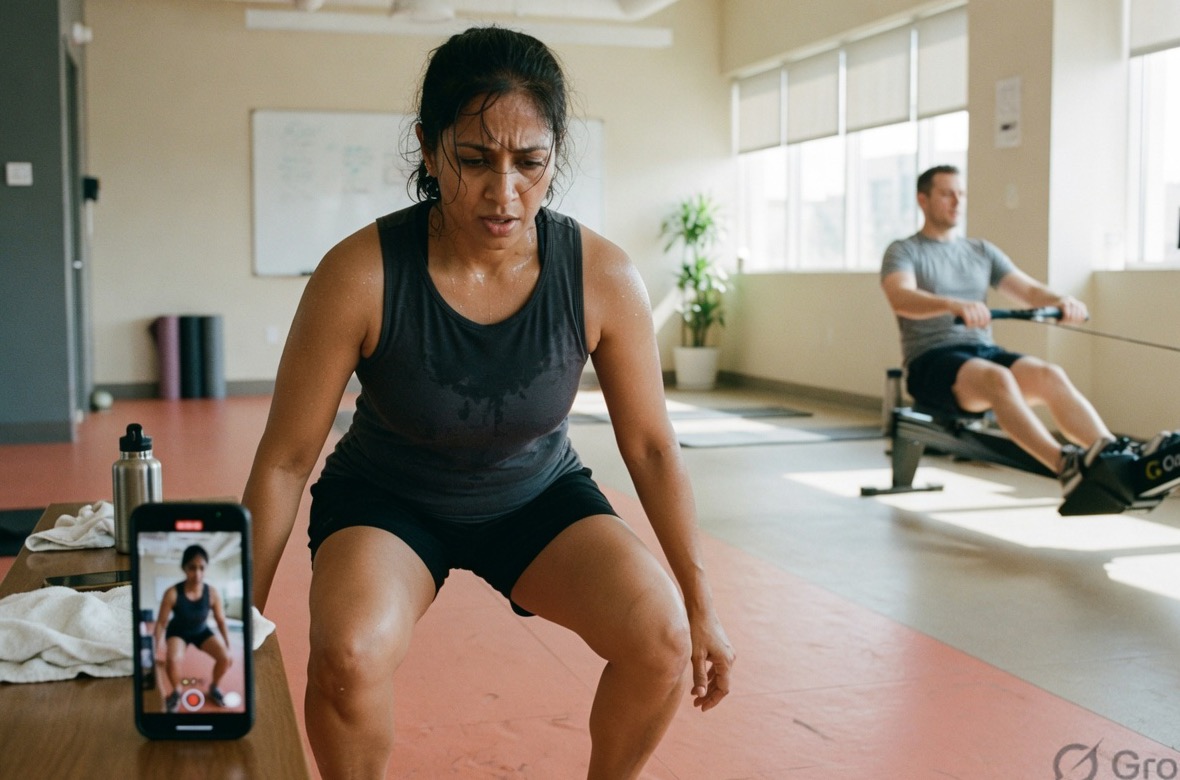 Employee doing squats in a workplace gym with a phone set up to count reps