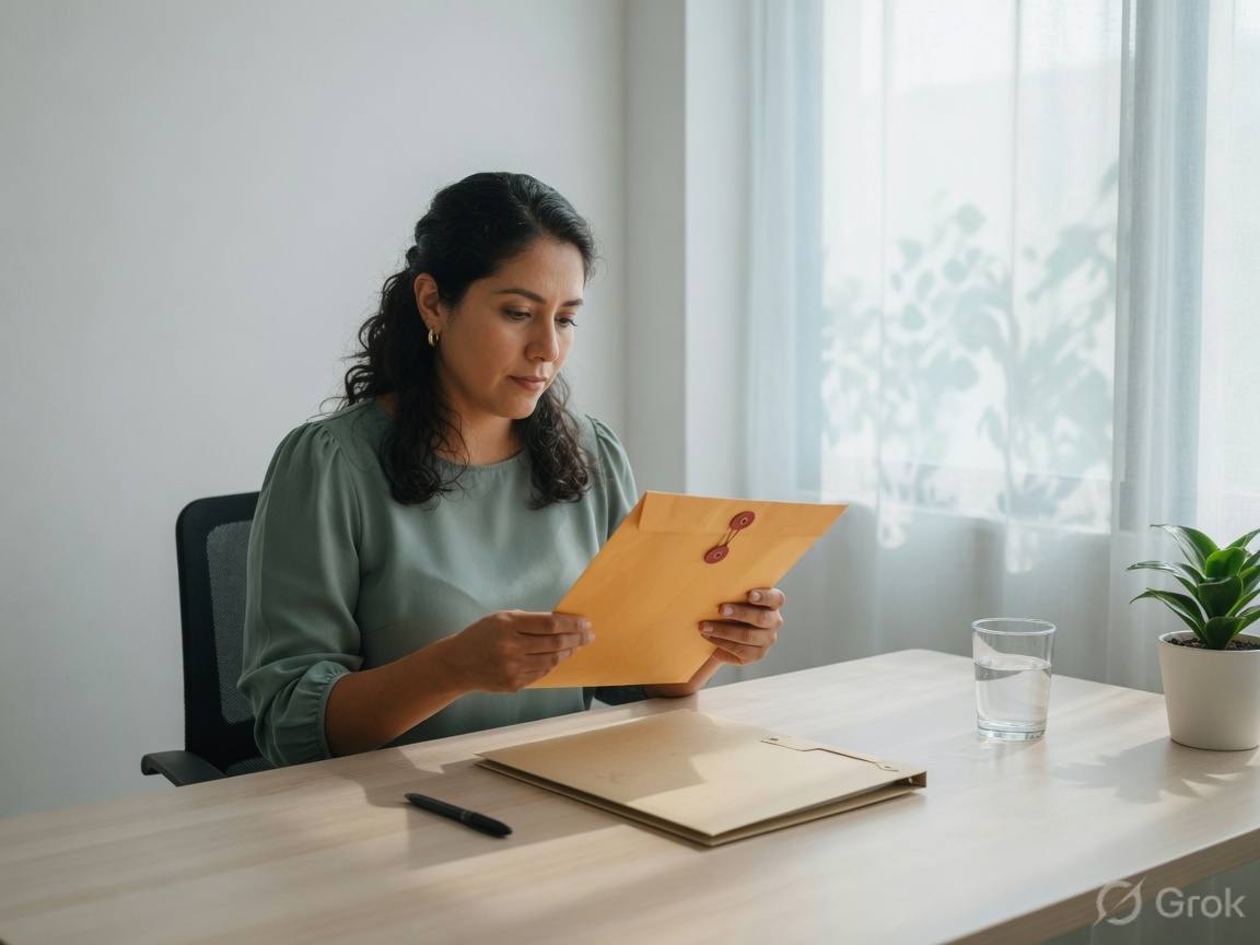 Employee reviewing a sealed envelope at a quiet desk, no lab values visible