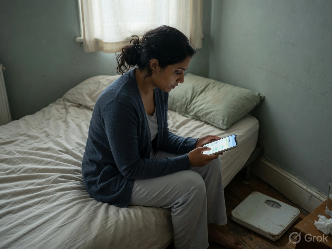 Employee sitting on a bed in the morning, logging last night’s sleep on a phone with a bathroom scale nearby