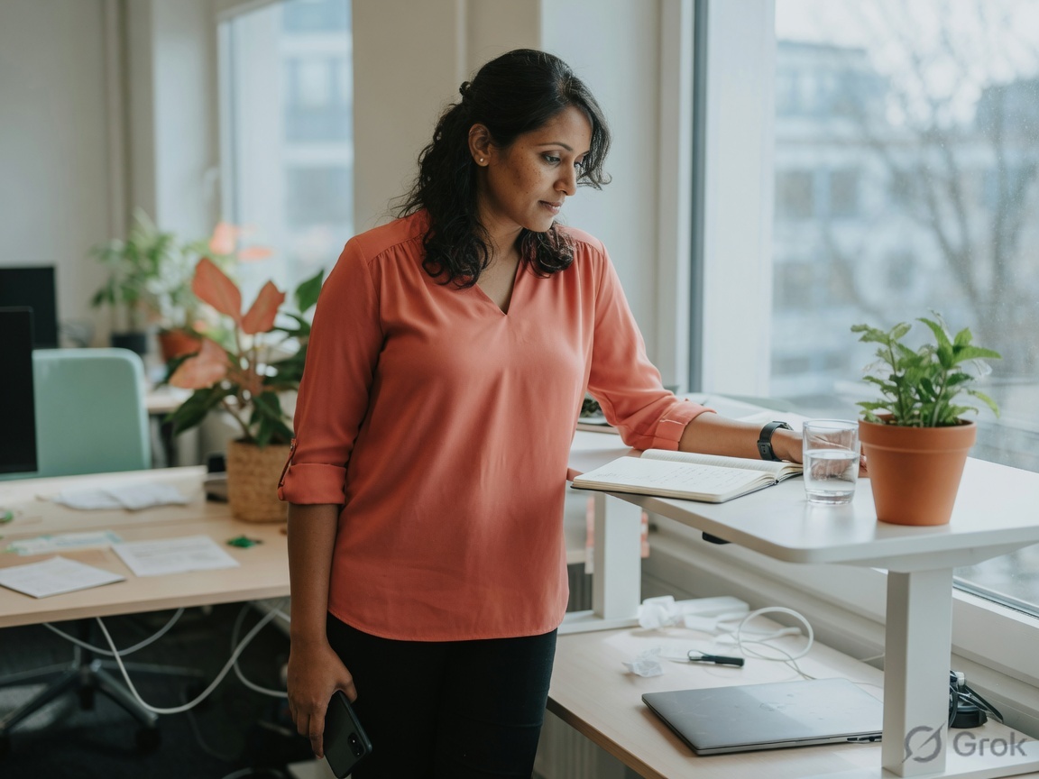 Employee at a standing desk wearing a smartwatch and holding a phone