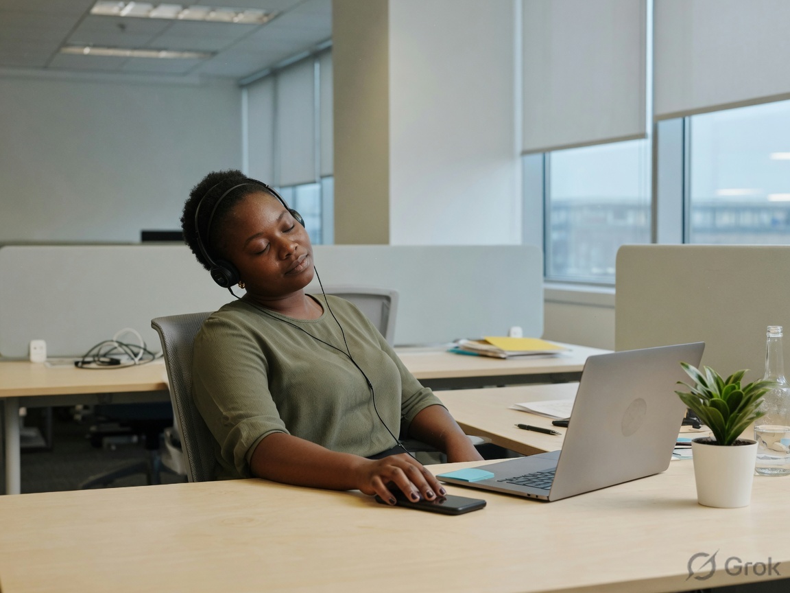 Employee at an office desk with headphones on during a short mindfulness break