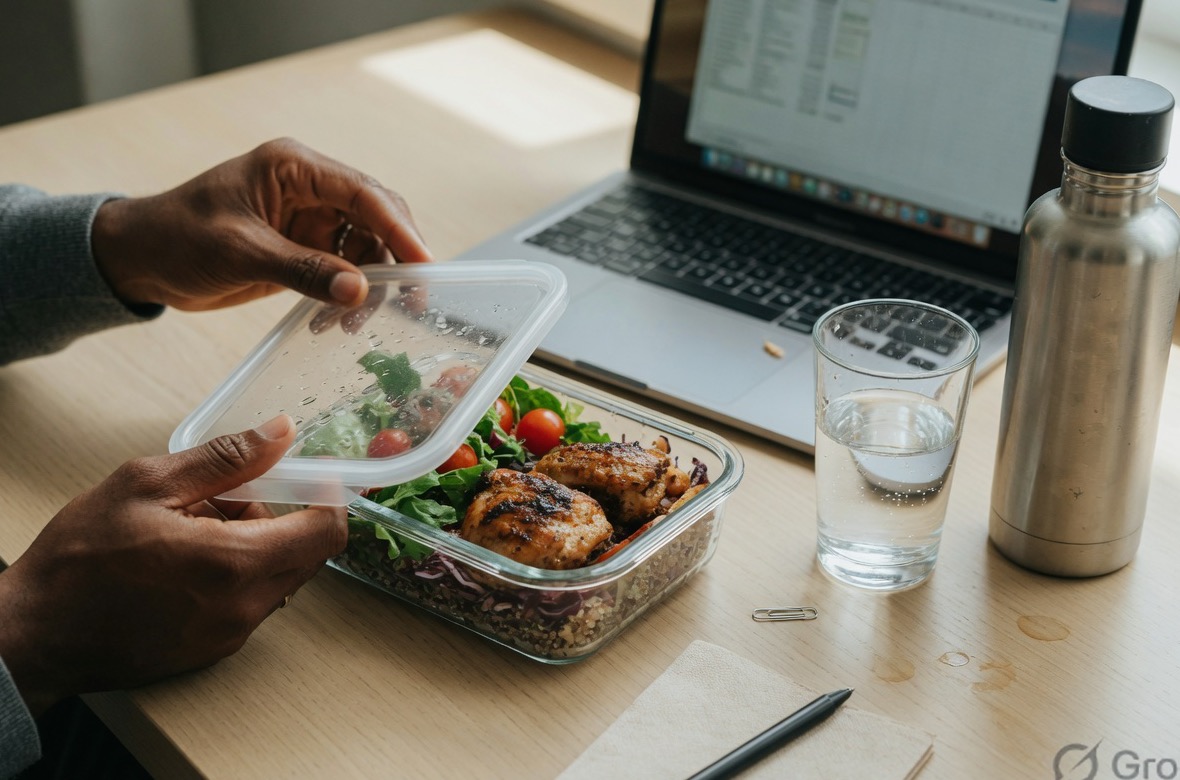 Employee opening a grilled-chicken salad at a workplace desk beside a glass of water