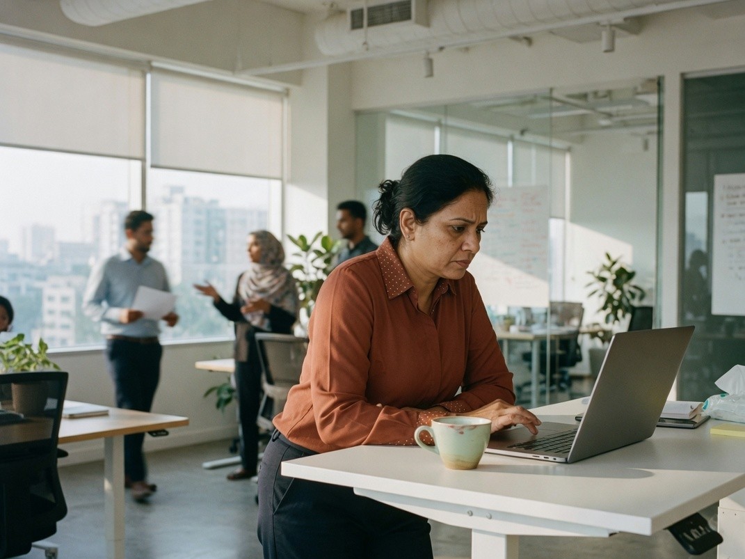 HR lead setting up a workplace wellness challenge at a standing desk