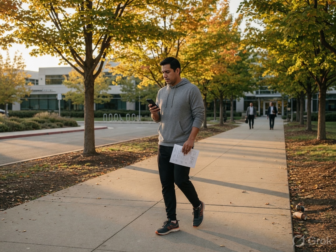 Employee walking an office campus path while checking a training-plan schedule on a phone
