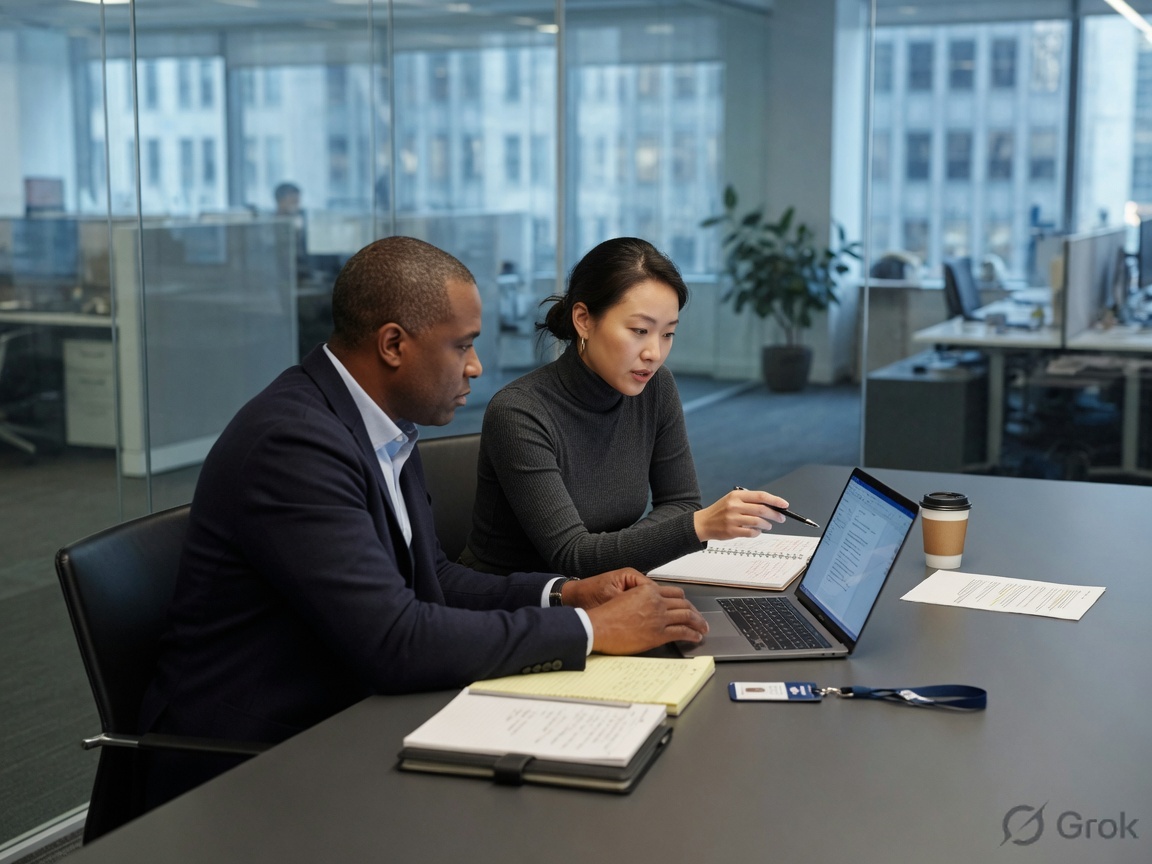 Security and HR colleagues reviewing a laptop together in a glass-walled office