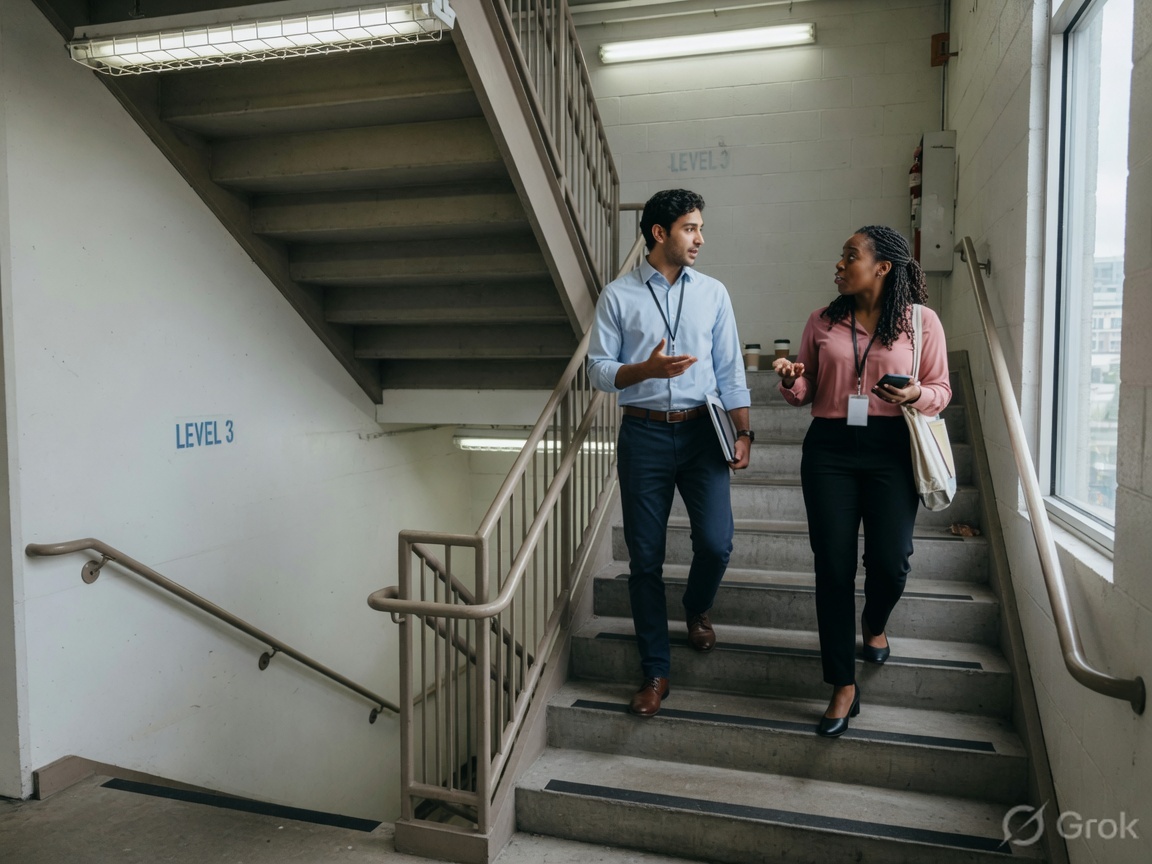 Two colleagues walking up an office stairwell during the workday